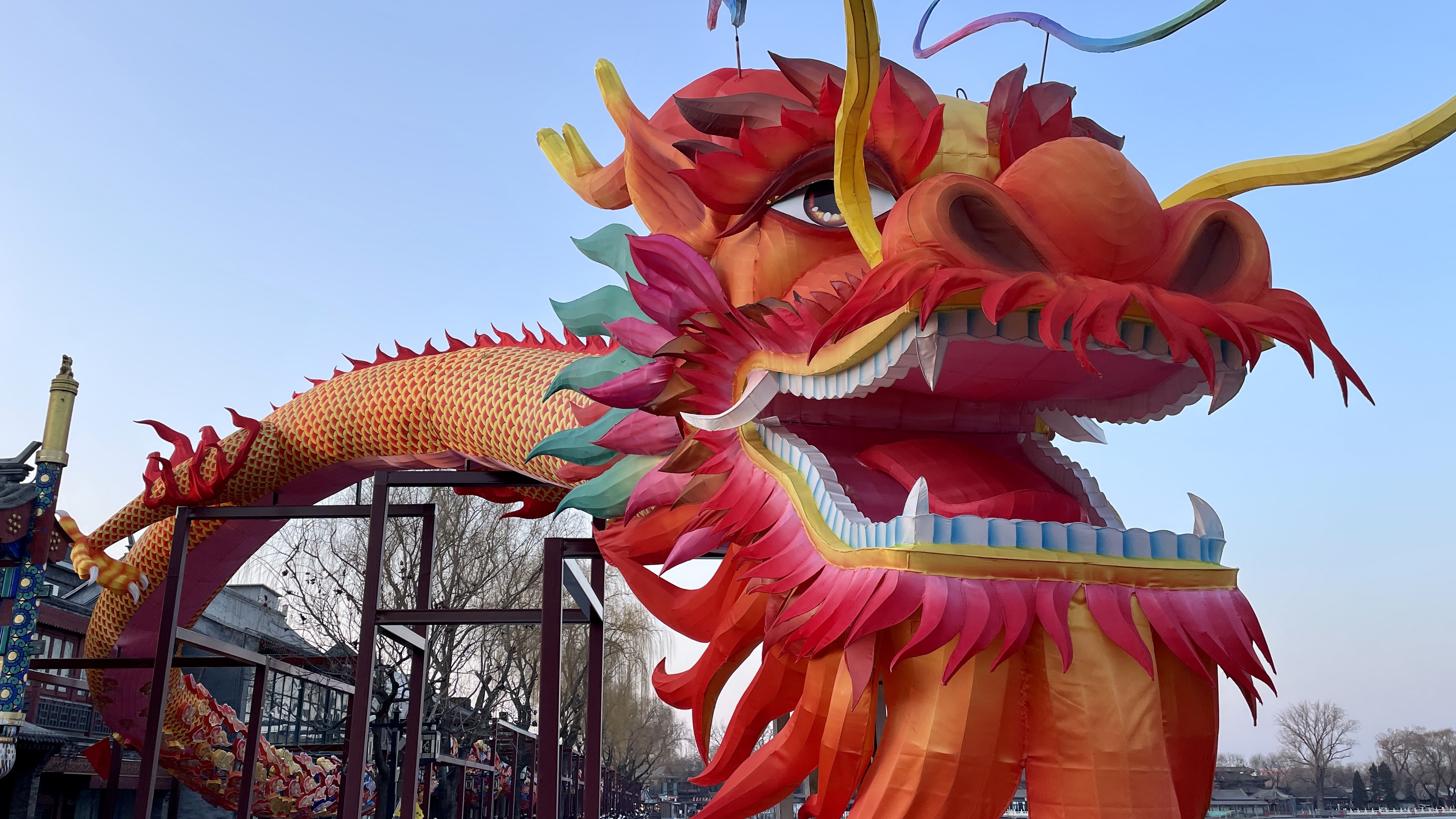 A giant dragon installation is set up alongside Shichahai Lake. /CGTN