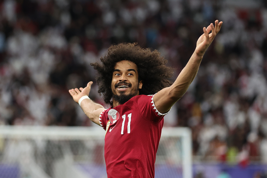 Akram Afif of Qatar celebrates after scoring a goal in the Asian Cup semifinal between Iran and Qatar at Al Thumama Stadium in Doha, Qatar, February 7, 2024. /CFP