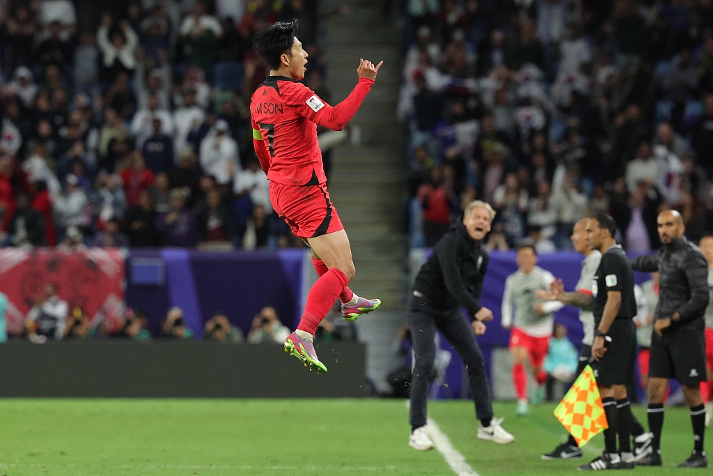 Son Heung-min of South Korea leaps into the air after scoring a goal against Australia during their Asian Cup quarterfinal in Doha, Qatar, February 2, 2024. /CFP 