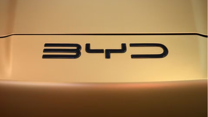 The logo of the BYD Auto company is seen on a BYD SEAL electric vehicle during a BYD store opening at the car dealership Sternauto in Berlin, Germany, January 31, 2024.