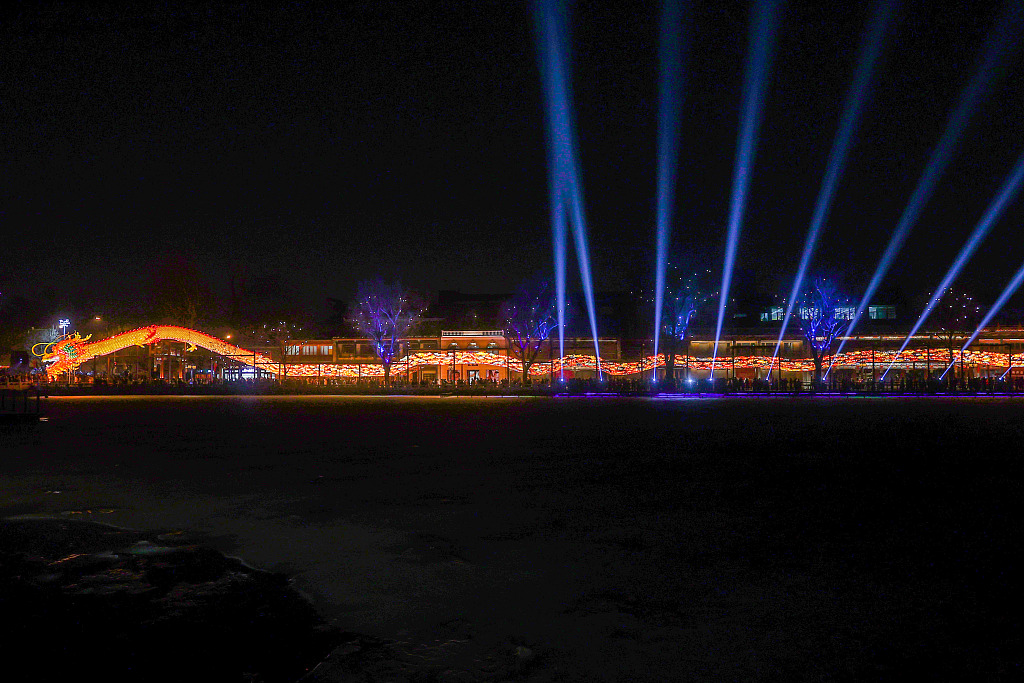 A photo taken on February 13, 2024 shows a section of the 202.4-meter-long dragon installation at the Shichahai scenic area in downtown Beijing. /CFP