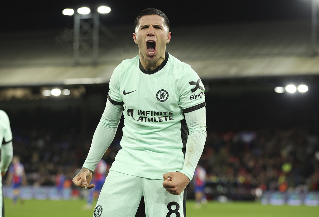Enzo Fernandez of Chelsea celebrates after scoring a goal in the Premier League game against Crystal Palace at Selhurst Park in Selhurst, England, February 12, 2024. /CFP