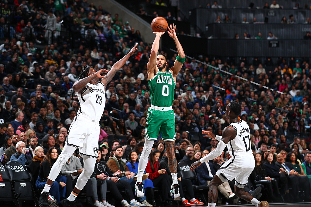 Jayson Tatum (#0) of the Boston Celtics shoots in the game against the Brooklyn Nets at Barclays Center in Brooklyn, New York City, February 13, 2024. /CFP