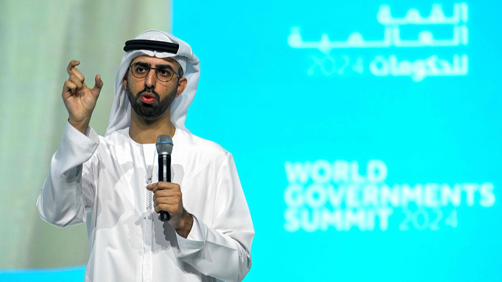 Omar al-Olama, Minister of State for Artificial Intelligence, Digital Economy and Remote Work Applications of the UAE, speaks during the World Government Summit in Dubai, the UAE, February 13, 2024. /VCG