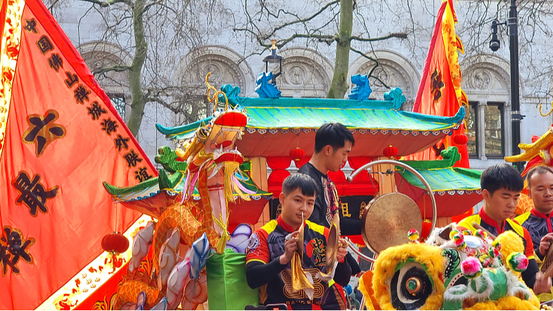 Thousands of people turned out to see colourful dancing dragons in a blaze of red and gold costumes to celebrate the Chinese New Year across London, February 11, 2024. /CFP