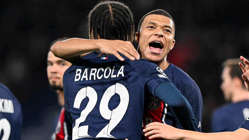 PSG's Kylian Mbappe and Bradley Barcola celebrate during the Champions League round of 16 first-leg match against Real Sociedad in Paris, France, February 14, 2024. /CFP
