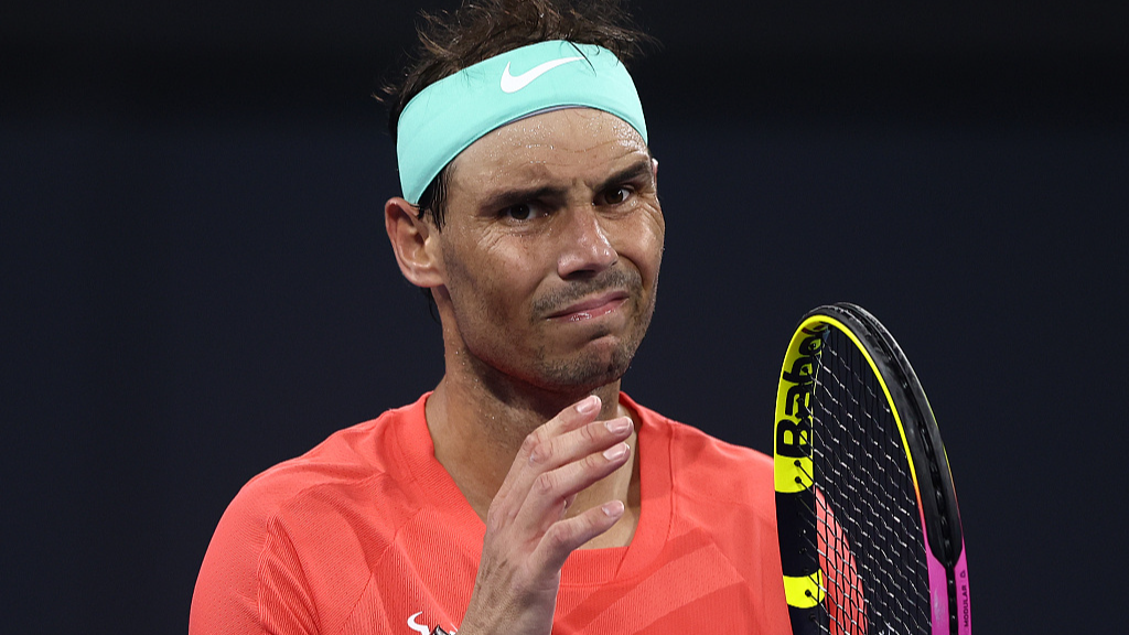 Rafael Nadal suffers a muscle tear pain during the Brisbane International quarterfinal match against Jordan Thompson in Brisbane, Australia, January 5, 2024. /CFP