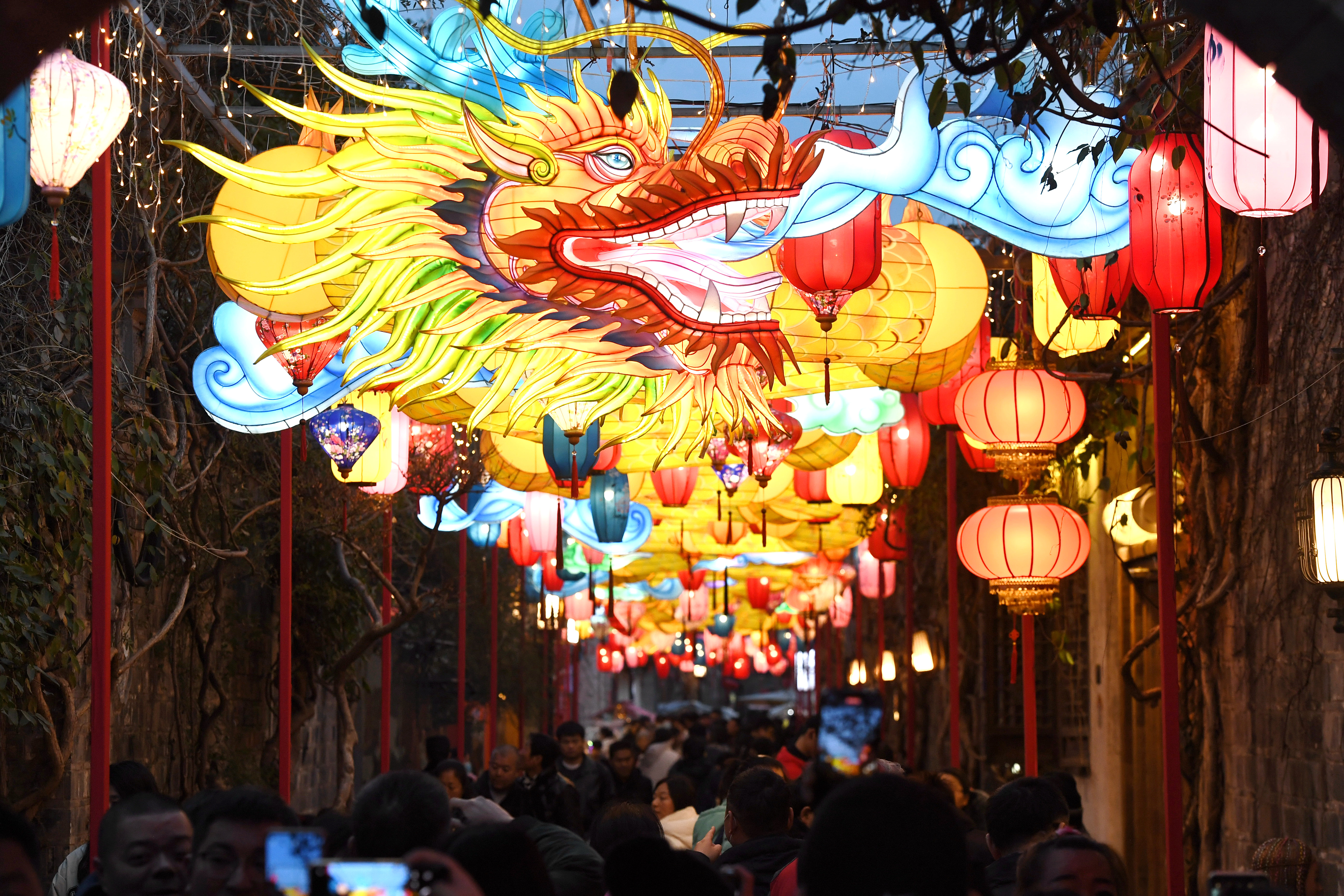 Festive lanterns are seen suspended around the Laomendong historic area of Nanjing, east China's Jiangsu Province, on February 15, 2024. /IC