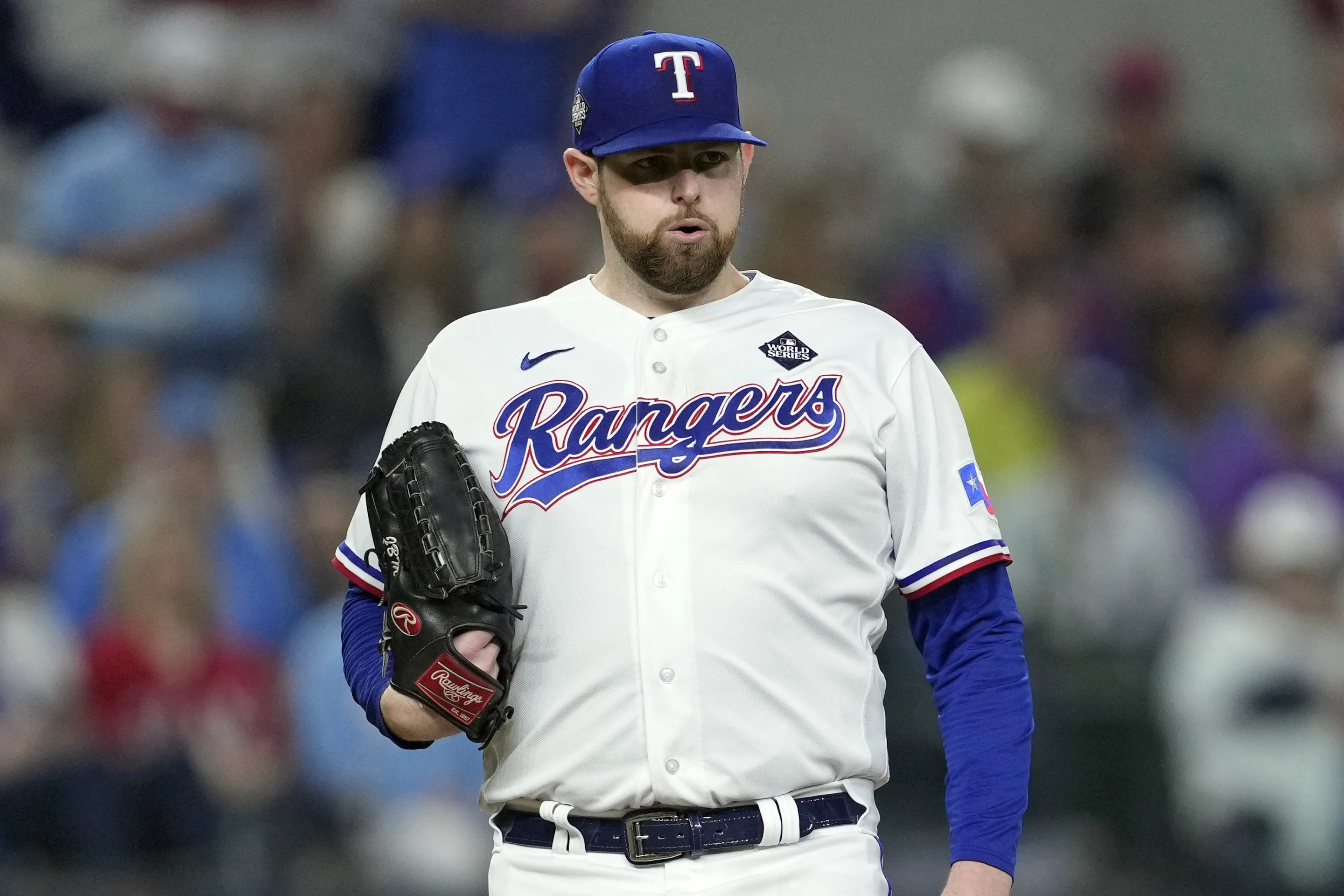 Starting pitcher Jordan Montgomery of the Texas Rangers looks on during the seventh inning in Game 2 of the World Series against the Arizona Diamondbacks at Globe Life Field in Arlington, Texas, October 28, 2023. /AP
