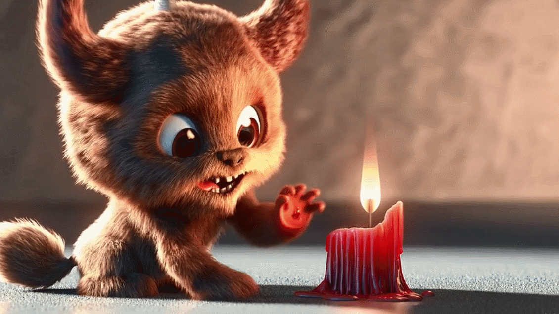 Animated scene generated by Sora: a close-up of a short fluffy monster kneeling beside a melting red candle. /OpenAI