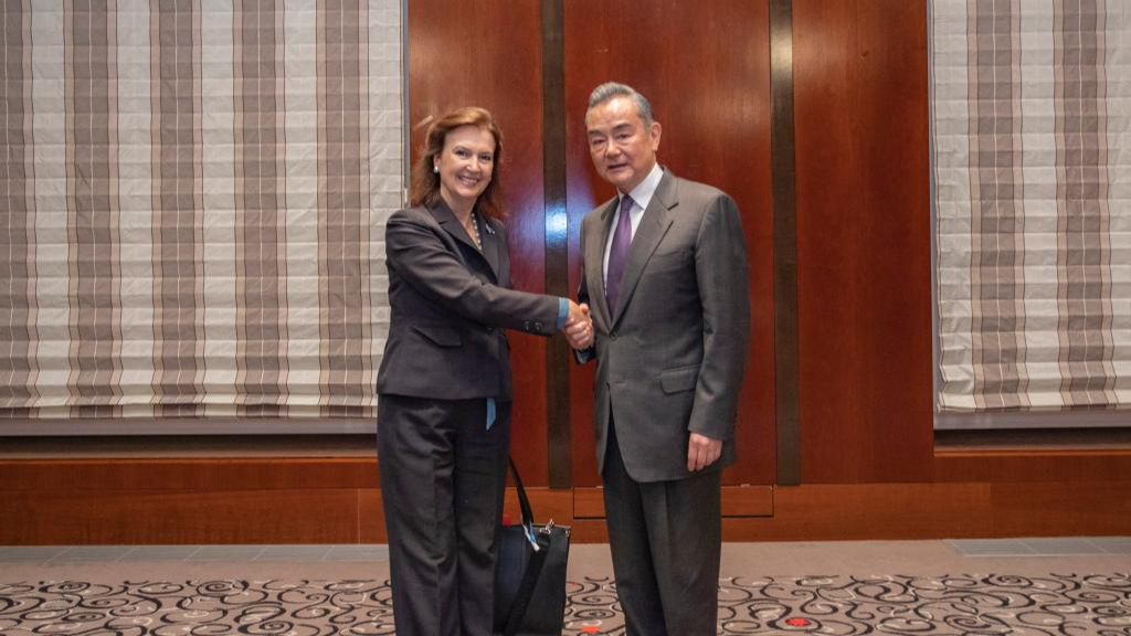 Chinese Foreign Minister Wang Yi (R), also a member of the Political Bureau of the Communist Party of China Central Committee, meets with Argentina's Foreign Minister Diana Mondino on the sidelines of the ongoing Munich Security Conference in Munich, Germany, February 17, 2024. /Xinhua