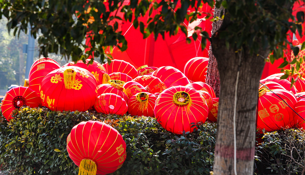 Red lanterns are spotted decorating Longhu Park in Handan City, Hebei Province on February 16, 2024. /CFP