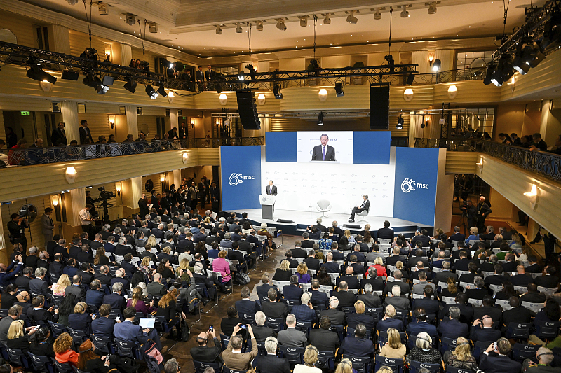 Chinese Foreign Minister Wang Yi speaks at the Munich Security Conference at the Bayerischer Hof Hotel in Munich, Germany, February 17, 2024. /CFP