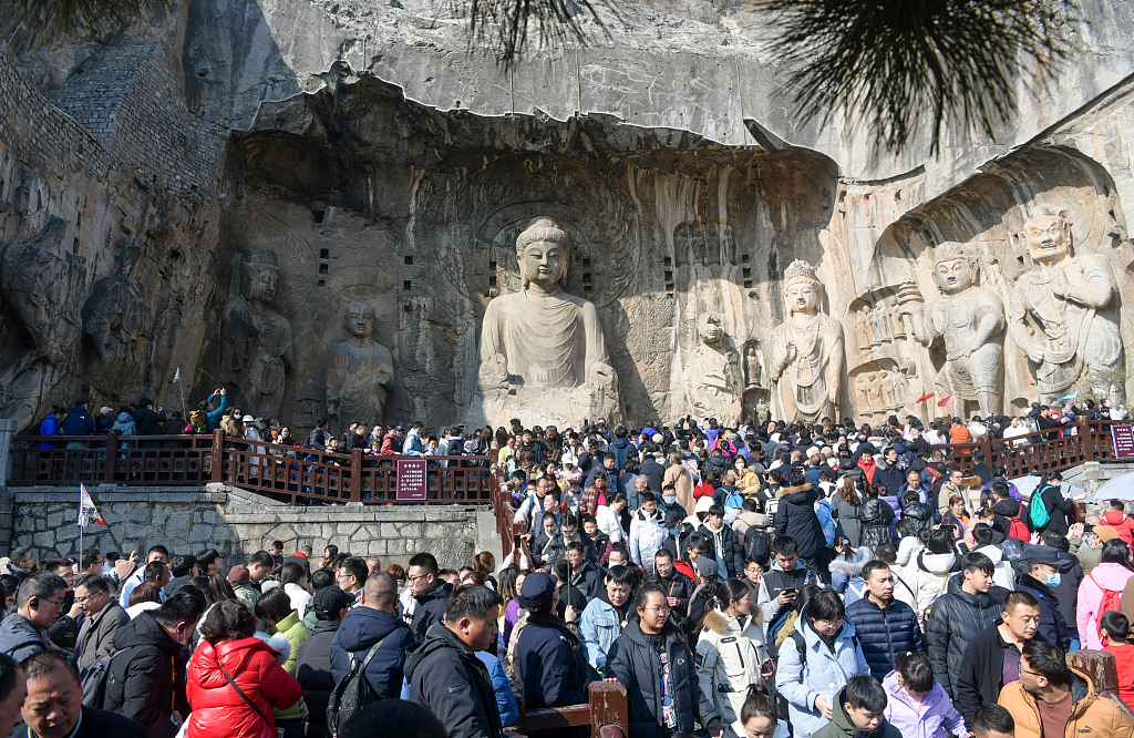 A photo taken on February 12, 2024 shows the crowds at the Longmen Grottoes Scenic Area in Luoyang, Henan Province, China. /CFP