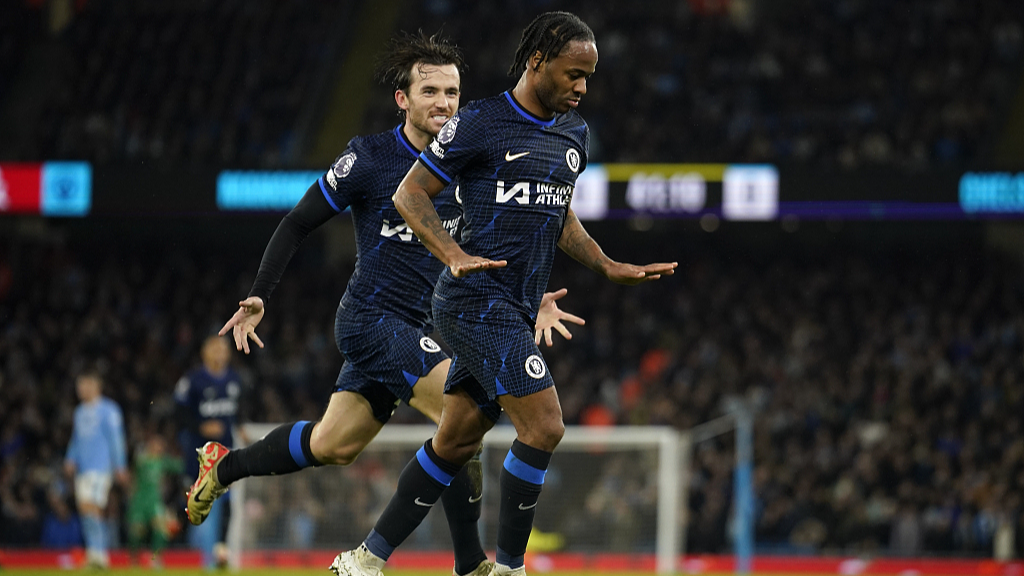 Raheem Sterling (R) of Chelsea celebrates after scoring a goal in a Premier League clash against Manchester City in Manchester, UK, February 17, 2024. /CFP