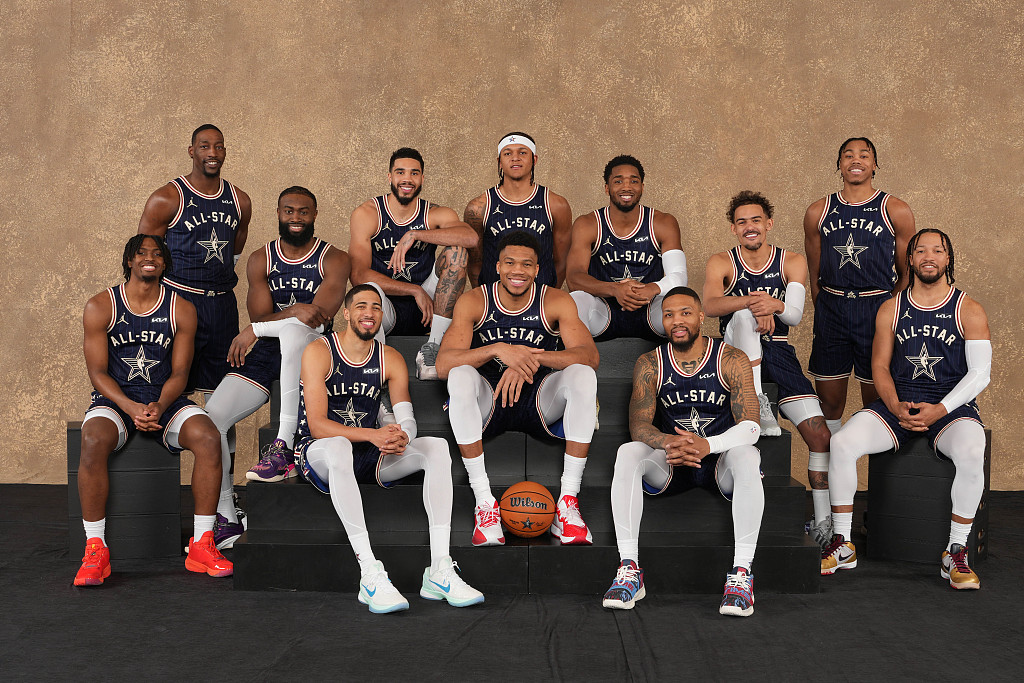 Players of the Eastern Conference Team pose for a photo ahead of the NBA All-Star Game against the Western Conference Team at Gainbridge Fieldhouse in Indianapolis, Indiana, February 18, 2024. /CFP