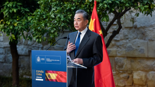 Chinese Foreign Minister Wang Yi, also a member of the Political Bureau of the Communist Party of China Central Committee, speaks to reporters in Cordoba in southern Spain, February 18, 2024. /Chinese Foreign Ministry