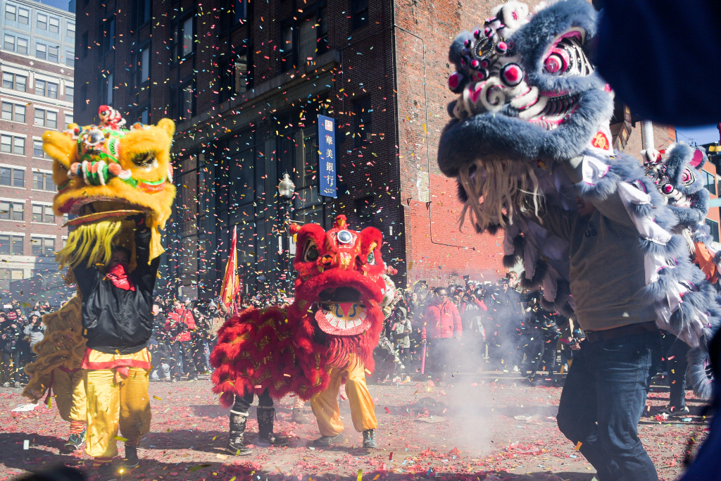 A lion dance performance is staged on a street in Boston, United States, February 18, 2024. /CFP