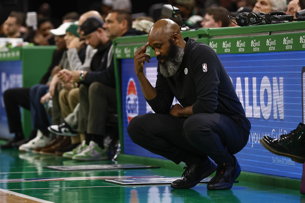 Jacque Vaughn, head coach of the Brooklyn Nets, looks on during the game against the Boston Celtics at TD Garden in Boston, Massachusetts, February 14, 2024. /CFP
