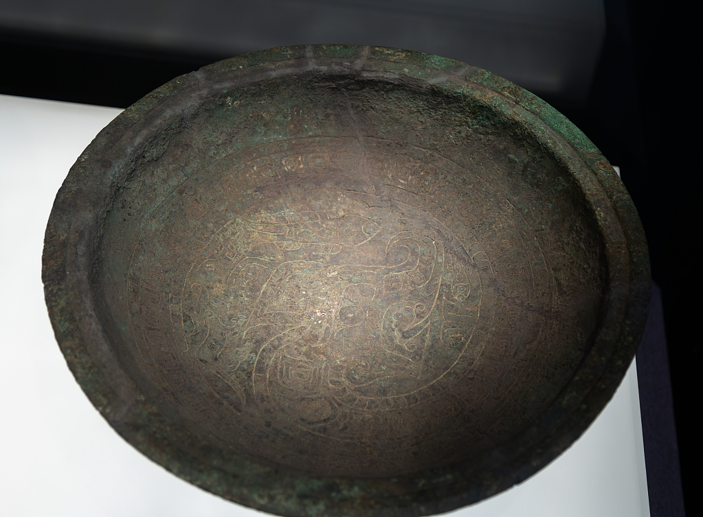 A file photo shows the “Fu Hao bronze plate” on display at the Chinese Archaeological Museum in Beijing, China. /CFP