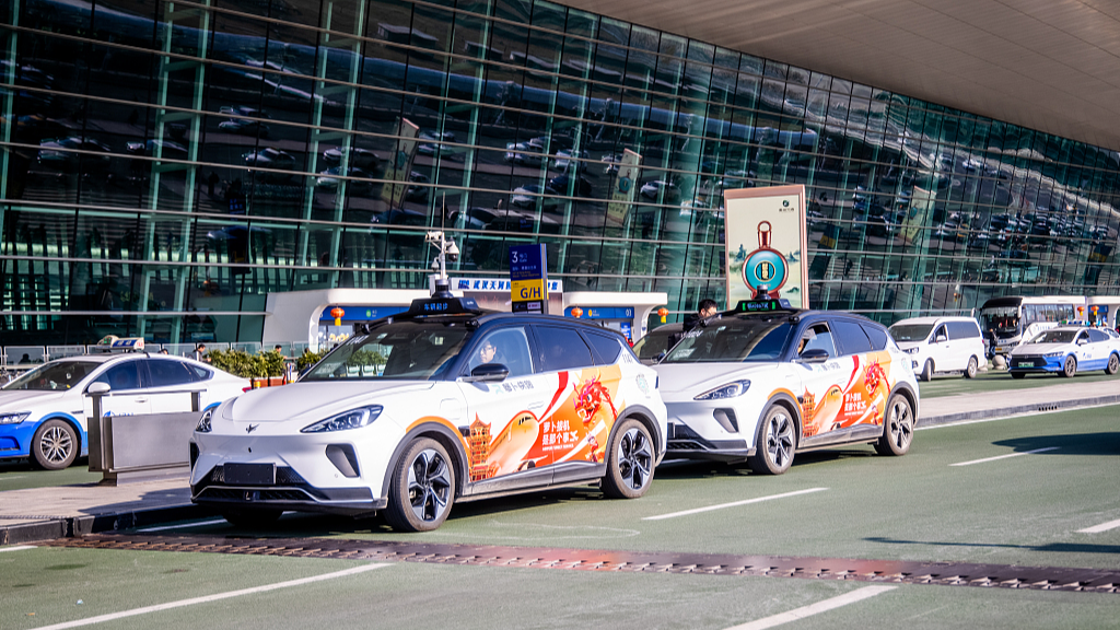 A group of driverless taxis in operation at Wuhan Tianhe Airport, Wuhan City, central China's Hubei Province, January 24, 2024. /CFP