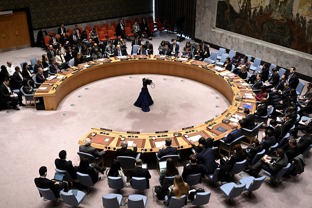 Ambassadors attend the United Nations Security Council meeting for a draft resolution to demand an immediate humanitarian cease-fire in Gaza Strip, in New York, United States, February 20, 2024. /CFP