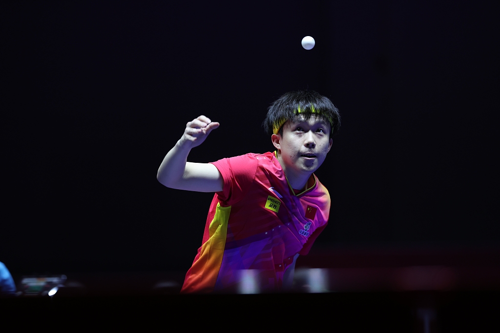 Wang Chuqin of China aims at the ball during the ITTF Team Table Tennis Championships Finals in Busan, South Korea, February 21, 2024. /CFP