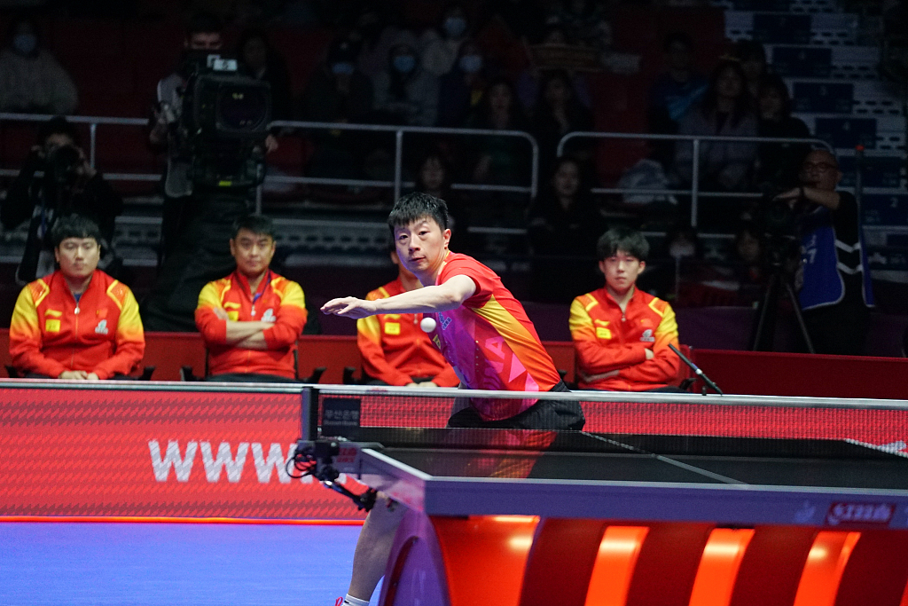 Ma Long in action during Team China's quarterfinal clash against Japan in the men's event at the ITTF World Team Table Tennis Championships in Busan, South Korea, February 22, 2024. /CFP