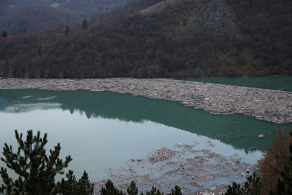 Plastic bottles and other garbage float in the Potpecko Lake near Priboj, in southwest Serbia, January 12, 2023. /CFP
