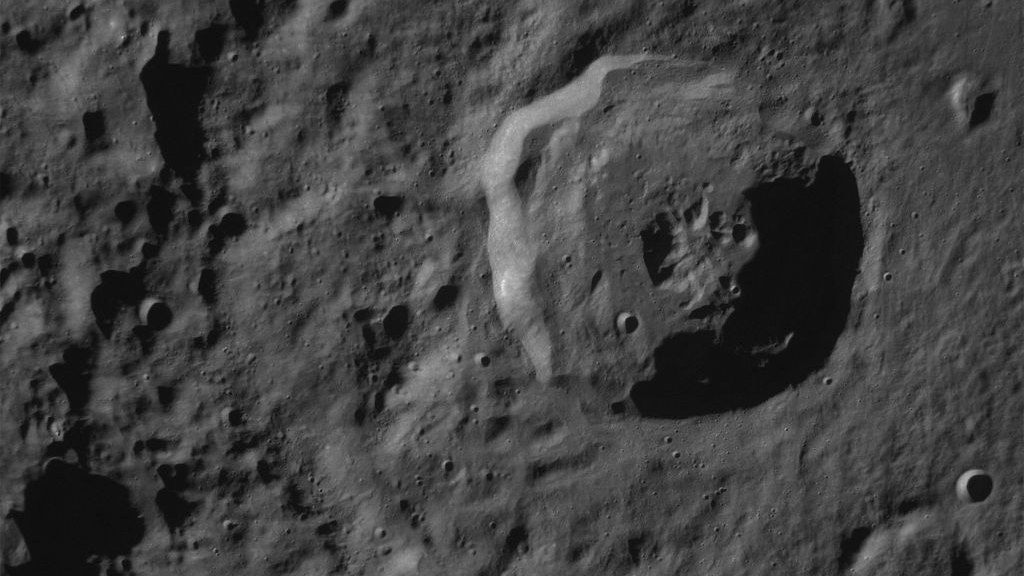 The Bel'kovich K crater in the moon's northern equatorial highlands in the image captured by Odysseus' Terrain Relative Navigation camera as the lunar lander prepares for its landing. /CFP