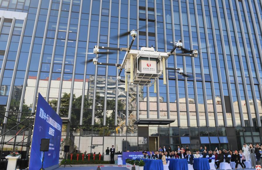 A drone carrying blood takes off for the Shenzhen Traditional Chinese Medicine Hospital from the Shenzhen Blood Center in Shenzhen, south China's Guangdong Province, January 19, 2024./Xinhua