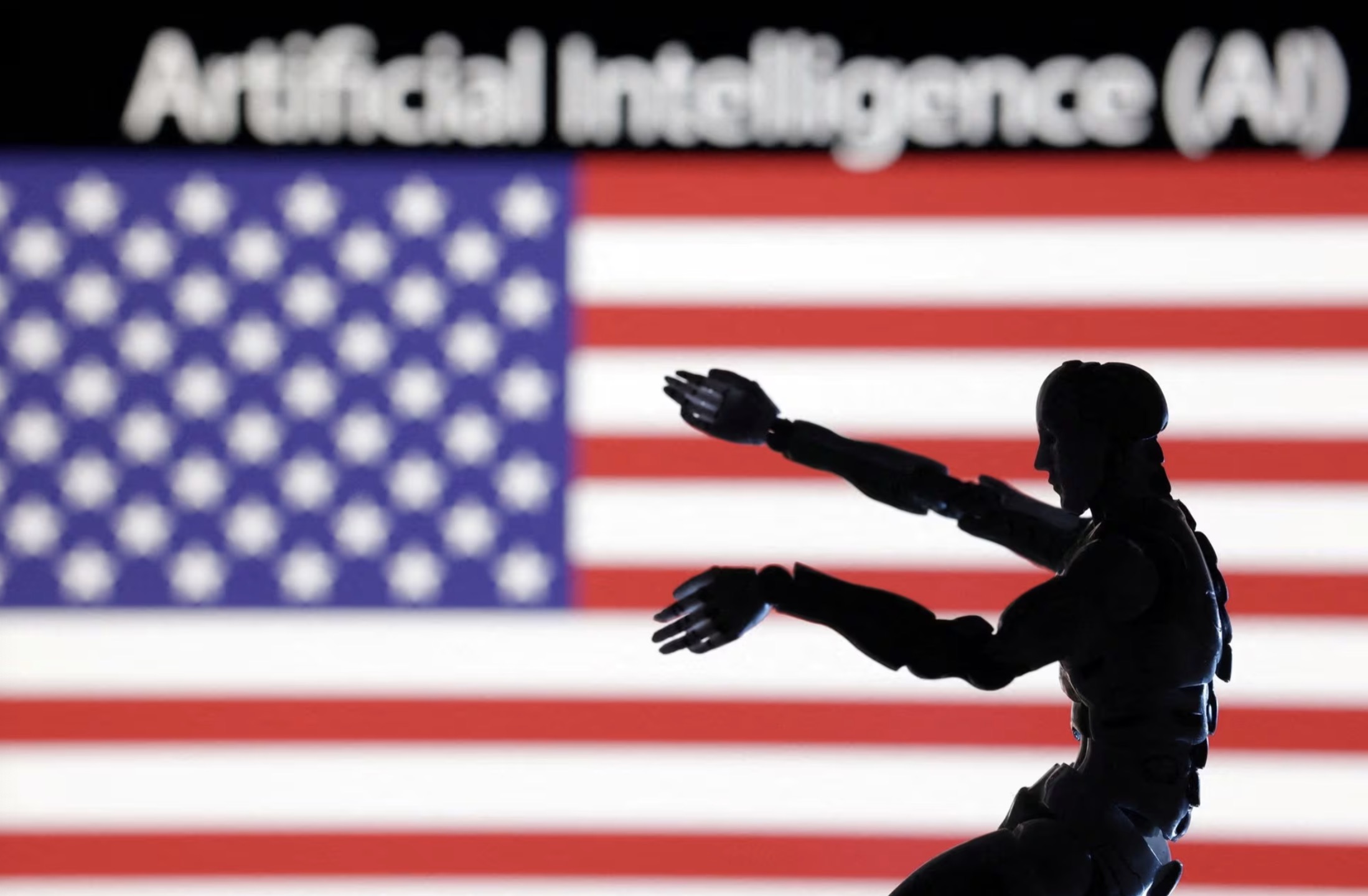 An illustration shows a miniature robot and the U.S. national flag. /Reuters