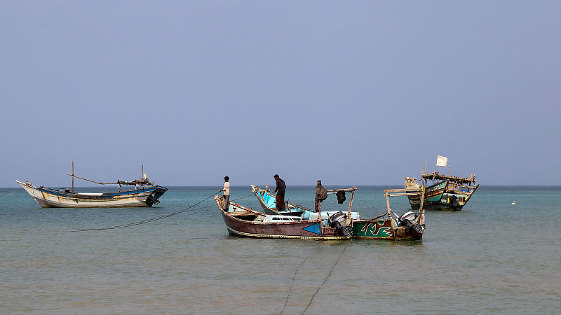 Yemeni fishermen bring their catch back to the shore in al-Khokha district on the southern edge of the Red Sea city of Hodeidah, February 12, 2024. /CFP