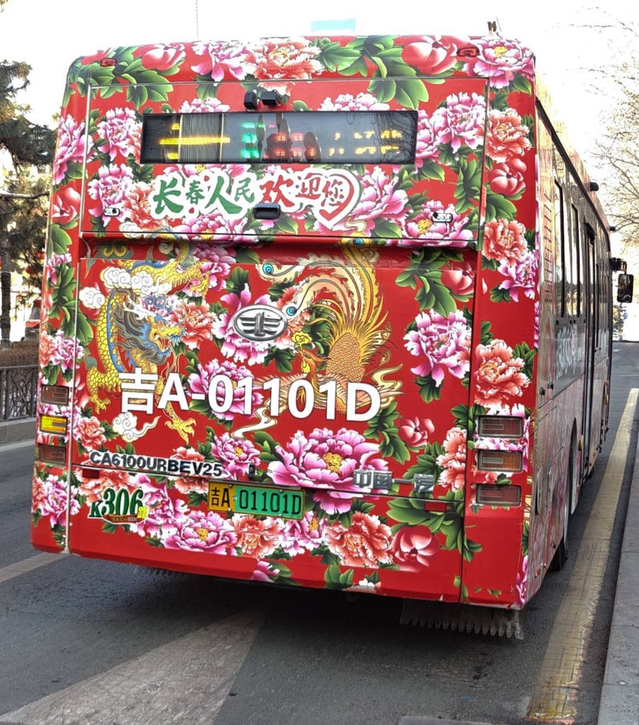 A photo shows the rear of a bus covered with a popular flower pattern in Changchun, Jilin Province, February 20, 2024. /IC