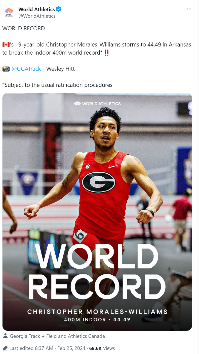 World Athletics' tweet on February 25 about Christoper Morales-Williams. /@WorldAthletics