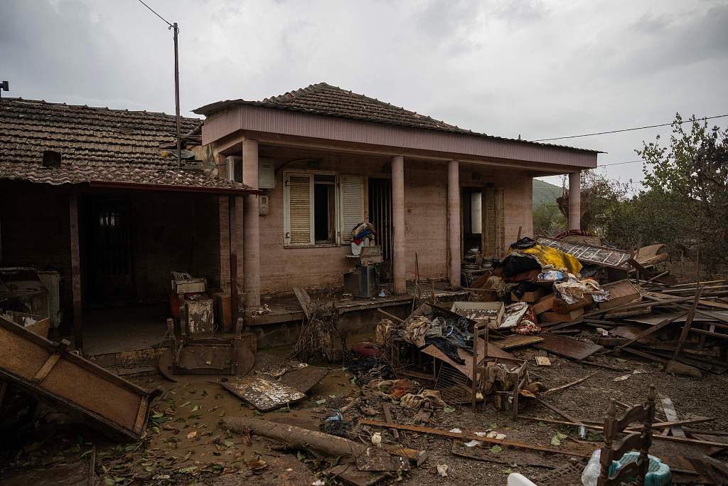 A devastated house after the floodwater from Storm Daniel receded, in the village of Vlochos, central Greece, September 25, 2023. /CFP