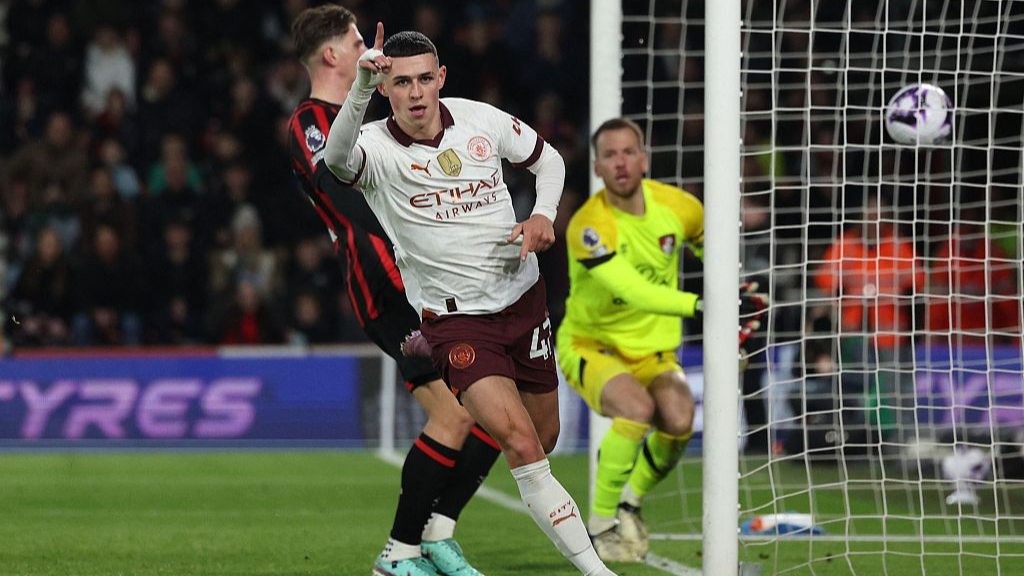 Manchester City's Phil Foden celebrates after scoring the lone goal in their Premier League clash with Bournemouth in Bournemouth, UK, February 24, 2024. /CFP