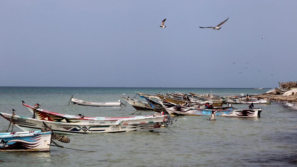 Boats are pictured on shore in Yemen's Al-Khokha district on the southern edge of the Red Sea city of Hodeida, February 12, 2024. /CFP
