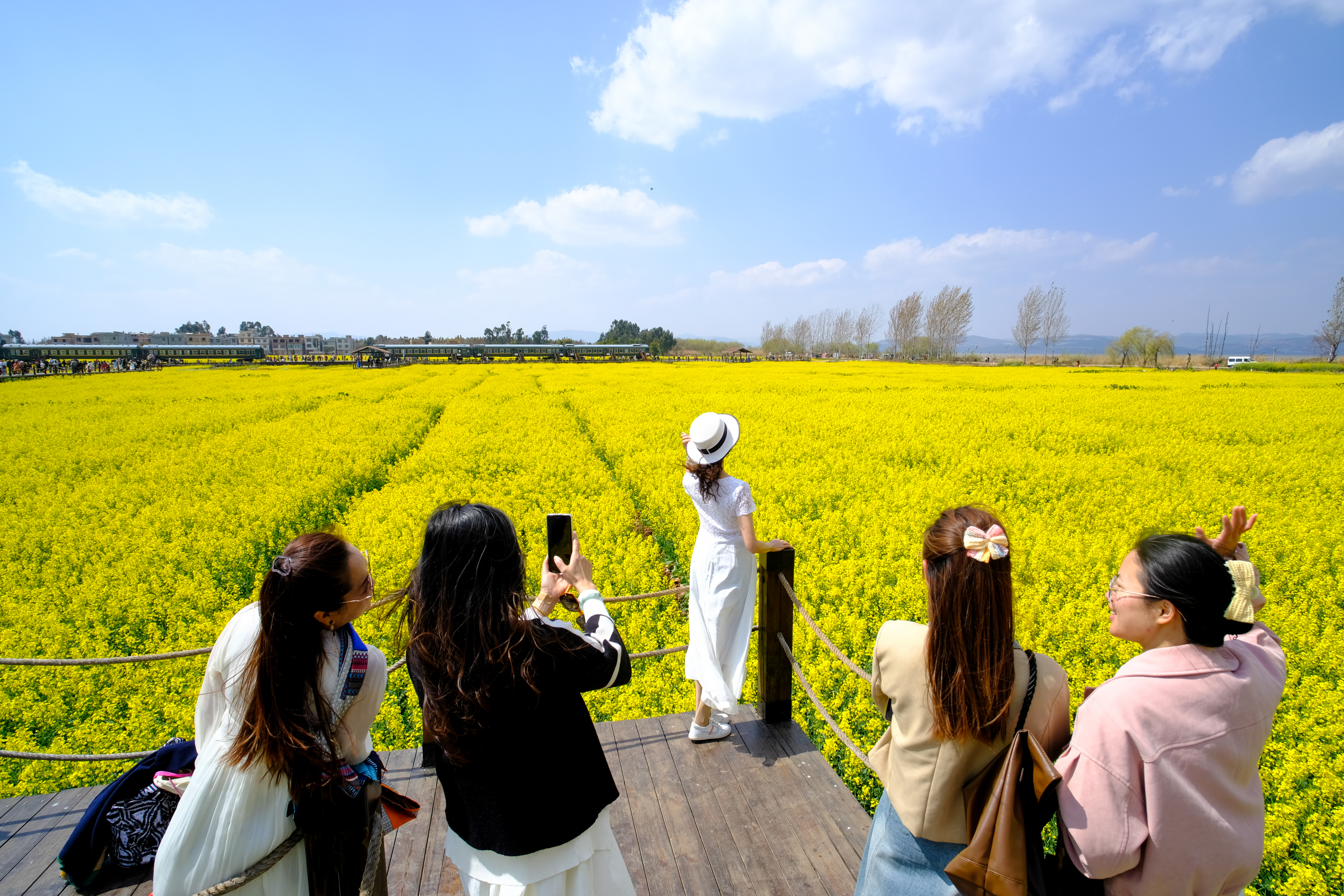 Tourists take photos of the rapeseed fields surrounding Shadi Village in Kunming, southwest China's Yunnan Province on February 25, 2024. /IC  