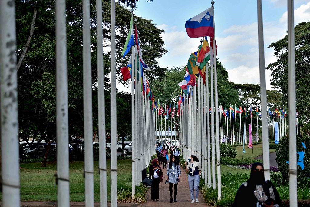 Delegates walk along a multi-nation flag lined pathway leading up to the venue of the United Nations Environment Assembly in Nairobi, Kenya, February 28, 2022. /CFP