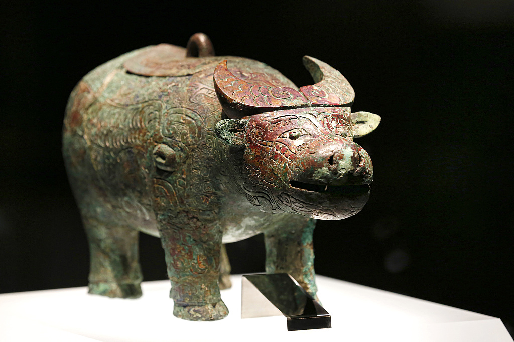 A water buffalo-shaped piece of bronzeware is seen on display at the new building of the Yinxu Museum in Anyang, Henan Province, February 16, 2024. /CFP