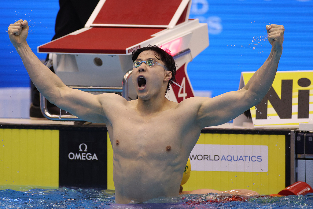 China's Qin Haiyang reacts after winning the final of the men's 200m breaststroke event at the World Aquatics Championships in Fukuoka, Japan, July 28, 2023. /CFP