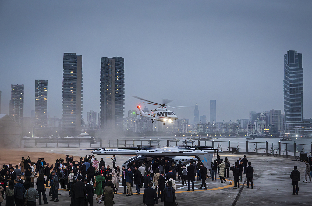 An eVTOL manned aircraft parks at the Shekou Cruise Terminal in Shenzhen, Guangdong Province, on February 27, 2024. /CFP