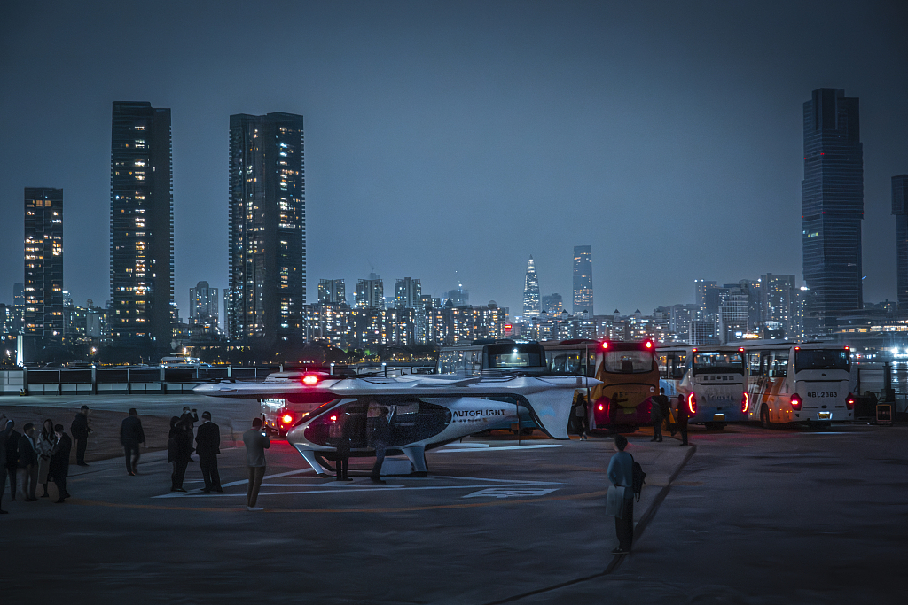 An eVTOL manned aircraft parks at the Shekou Cruise Terminal in Shenzhen, Guangdong Province, on February 27, 2024. /CFP