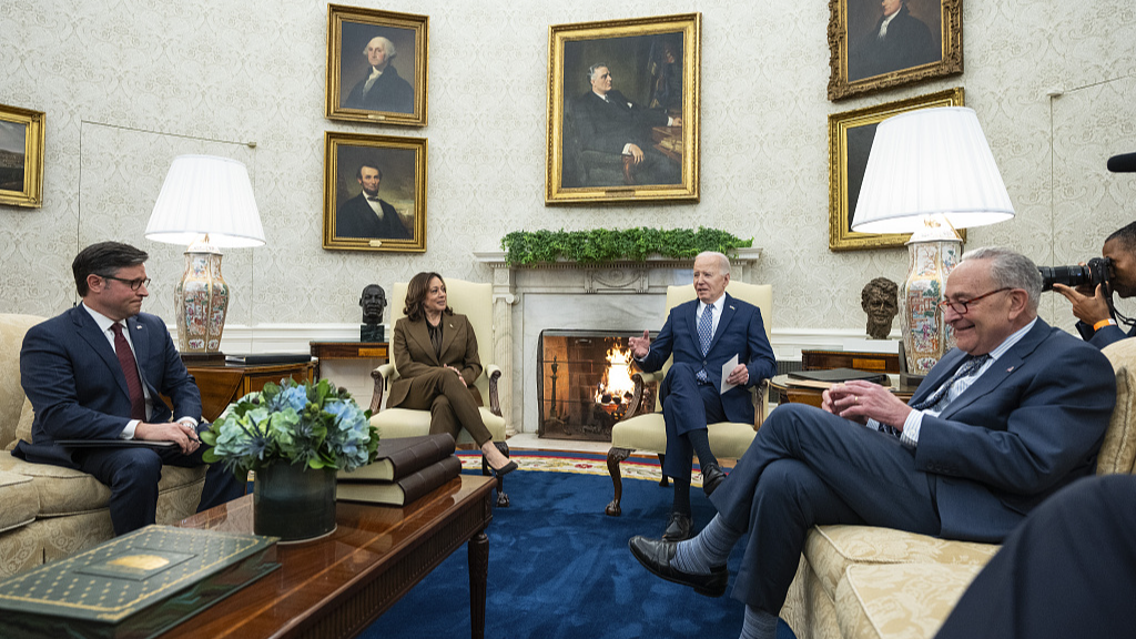U.S. President Joe Biden (2nd R) speaks during a meeting with House Speaker Mike Johnson (L), Vice President Kamala Harris (2nd L) and Senate Majority Leader Chuck Schumer at the White House in Washington, D.C., U.S., February 27, 2024. /CFP