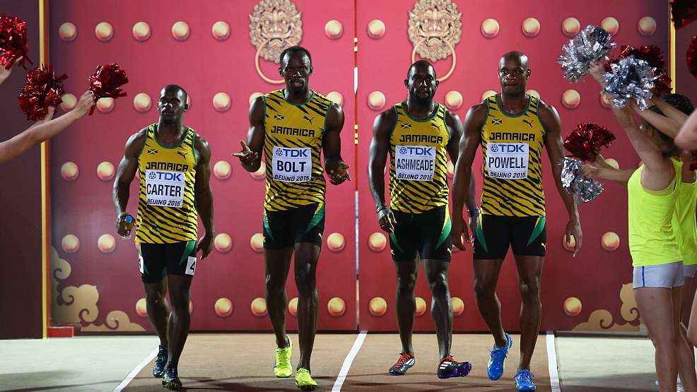 Jamaica's Nesta Carter Nickel, Usain Bolt,  Ashmeade and Asafa Powell (L-R) prior to the men's 4x100m relay final at the World Athletics Championships at Beijing National Stadium in Beijing, China, August 29, 2015. /CFP