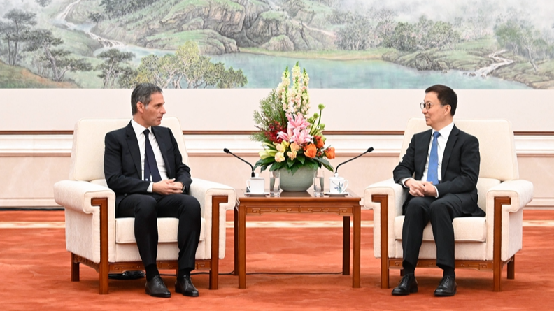 Chinese Vice President Han Zheng meets with Rodolphe Saade, chairman and CEO of CMA CGM Group, on Thursday in Beijing. /Xinhua