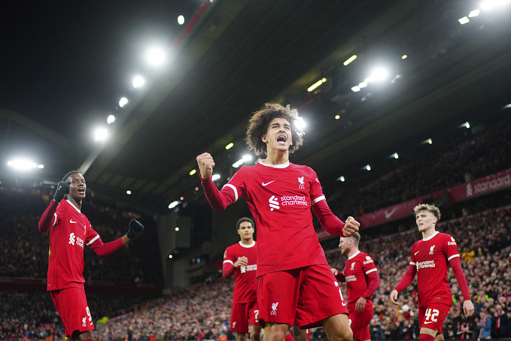 Liverpool's Jayden Danns (C) celebrates after winning their FA Cup clash with Southampton at Anfield stadium in Liverpool, England, February 28, 2024. /CFP