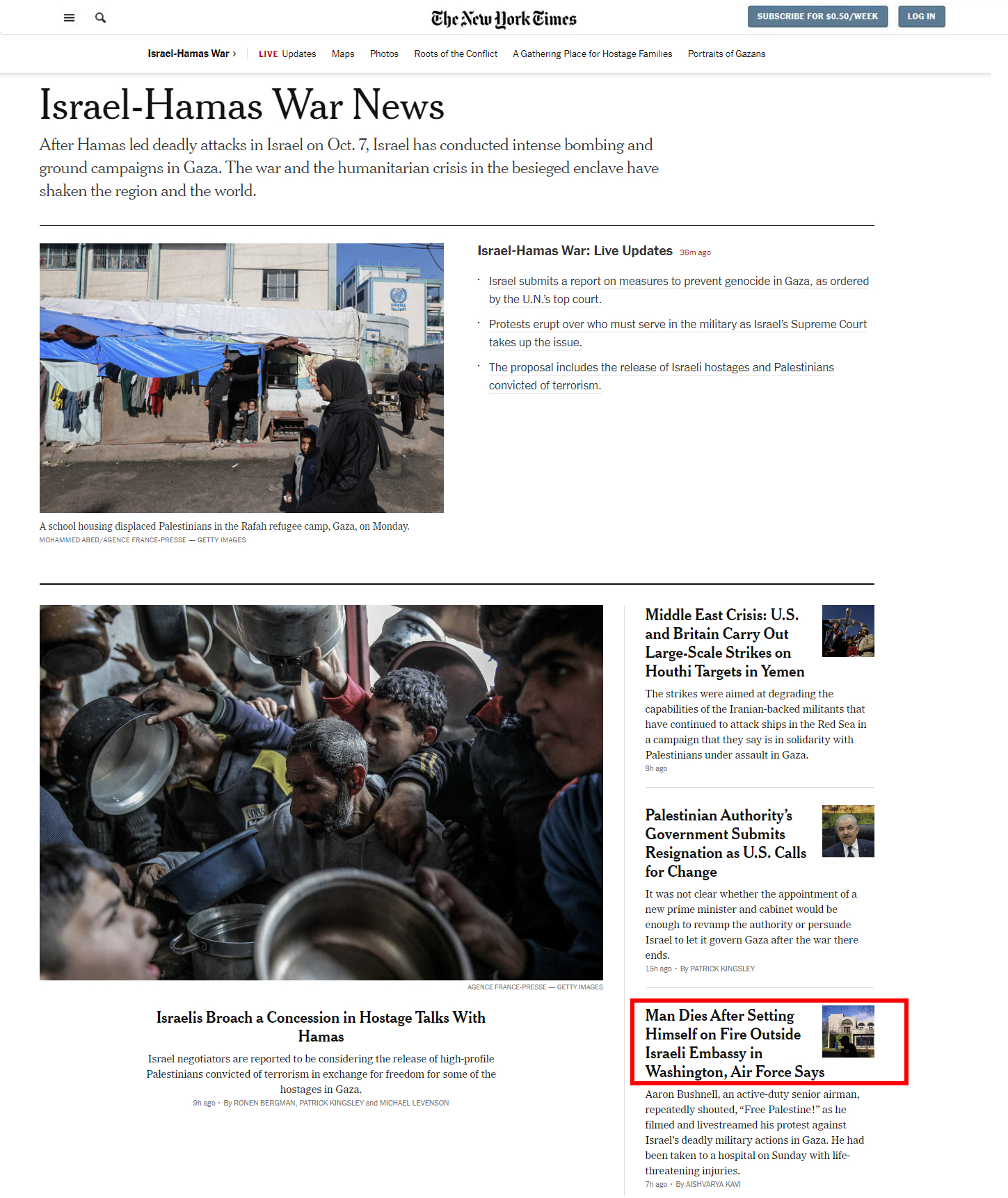 A screenshot of The New York Times' special webpage on the Israel-Hamas war.