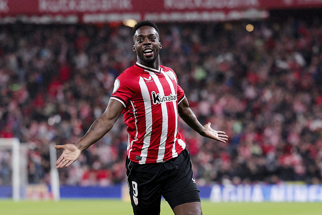  Inaki Williams of Athletic Bilbao reacts after scoring during their Copa del Rey win over Atletico Madrid at the San Mames stadium in Bilbao, Spain, February 29, 2024. /CFP